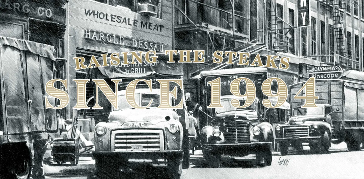 An archive photograph of wholesale meat trucks with the words Raising the steaks since 1994